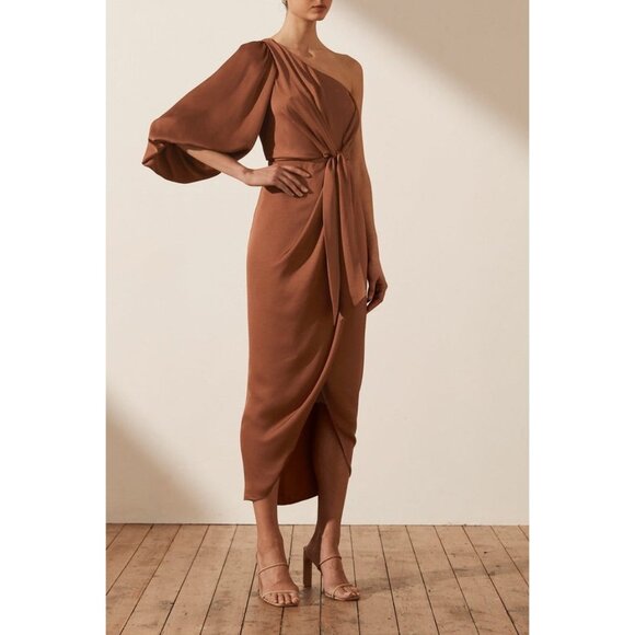 SHONA JOY dress luxe tie front one shoulder satin mocha midi party event 4 - Picture 2 of 11
